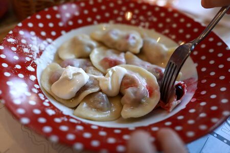 Person eating dumplings in a russian restaurantの写真素材