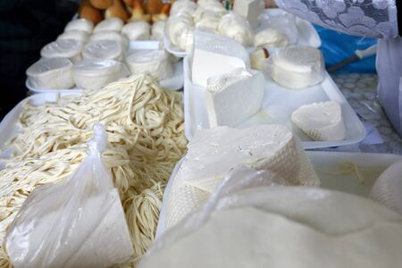 Assortment of cheeses on market in Kislovodsk, Russia