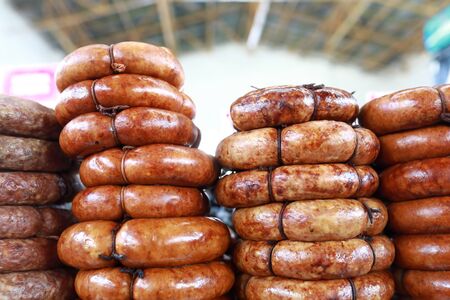 View of fried sausage rolls in the marketの写真素材