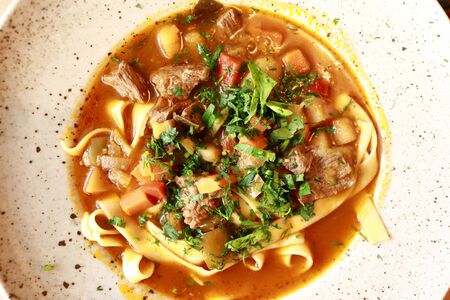 Bowl with lagman in an asian restaurantの写真素材