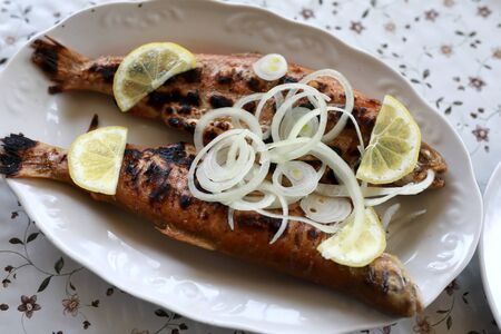 Grilled trout with onions on plate in restaurant