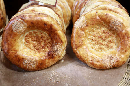 Pile of asian bread cakes in market, Russia