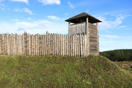 View of viking village wooden tower with palisade, Kareliaの写真素材