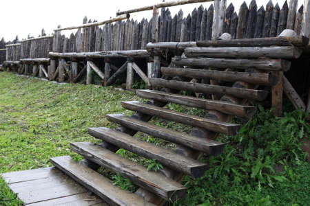 Wooden stairs of viking village in summerの写真素材