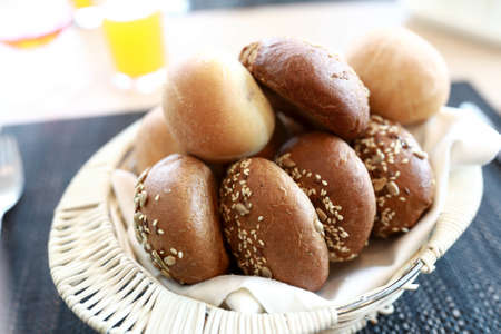Basket with various buns in a restaurant
