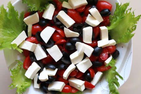 View of homemade greek salad on plate