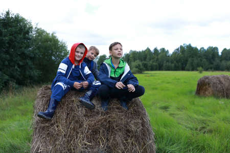 Three children sitting on stack of straw in summerの写真素材