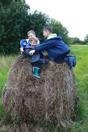 Three boys playing on stack of straw in summerの写真素材