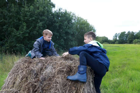 Two brothers playing on stack of straw in summerの写真素材