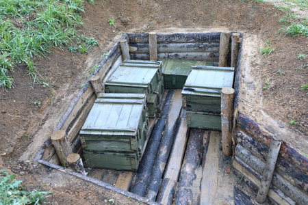 Wooden boxes with artillery shells in trench, Russia