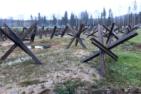View of anti-tank obstacles on battlefield, Russiaの写真素材