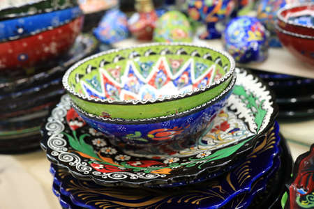Tableware with oriental ornaments in a storeの写真素材