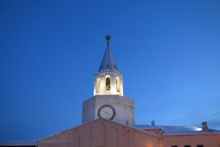 Spasskaya tower of Kazan Kremlin in winter at nightのeditorial素材