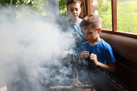 Two brothers kindle firewood in grill, Kareliaの写真素材
