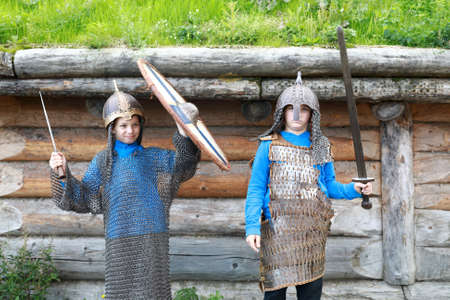 Portrait of brothers in Viking Armor, Kareliaの写真素材