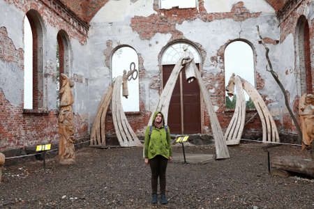 Portrait of woman in Lutheran Church, Karelia, Lahdenpohjaの写真素材
