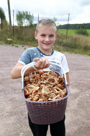 Child with basket of honey mushrooms, Kareliaの写真素材