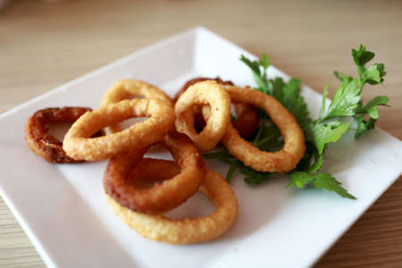 Breaded onion rings on plate in restaurantの写真素材