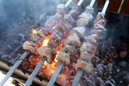 View of preparation pork meat on skewersの写真素材