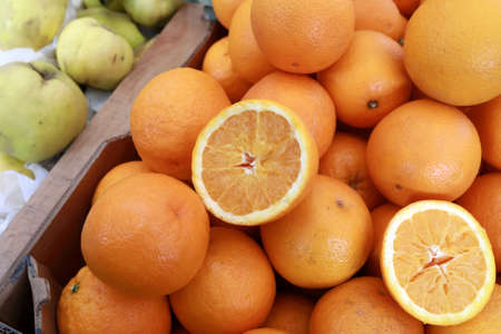 View of oranges in box on marketの写真素材
