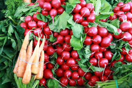 View of radish in box on market