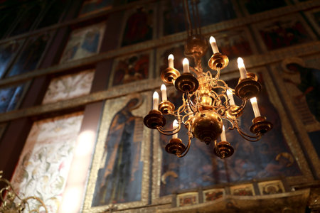View of chandelier in russian orthodox church in Moscow, Russiaのeditorial素材