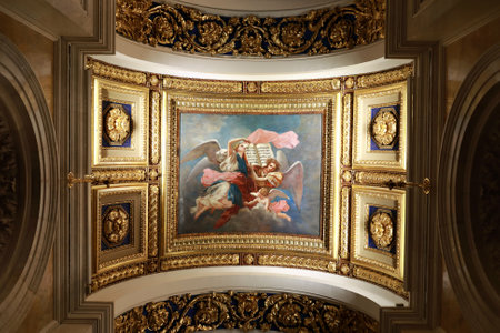 Saint-Petersburg, Russia. January 6, 20212. Editorial Use Only. The Mother of God surrounded by saints. View of mosaic on ceiling in St. Isaac's Cathedral.のeditorial素材