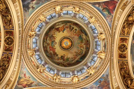 Saint-Petersburg, Russia. January 6, 20212. Editorial Use Only. The Mother of God surrounded by saints. View of mosaic on ceiling in St. Isaac's Cathedral.のeditorial素材