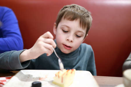 Portrait of boy eating cheesecake in restaurantの写真素材