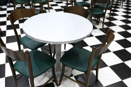 Interior of empty restaurant in the eveningの写真素材