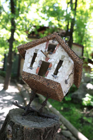 Details of nesting box on stump in parkの写真素材
