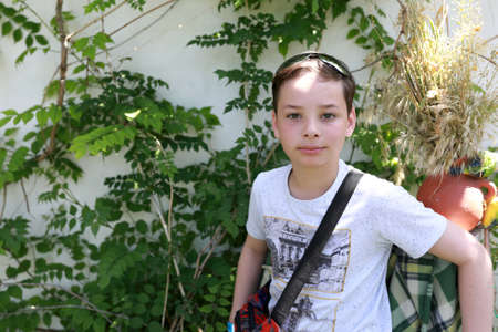 Portrait of a child in the backyardの写真素材