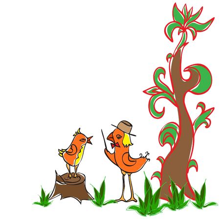  The vector illustration, adult bird trains a baby bird in singingのイラスト素材