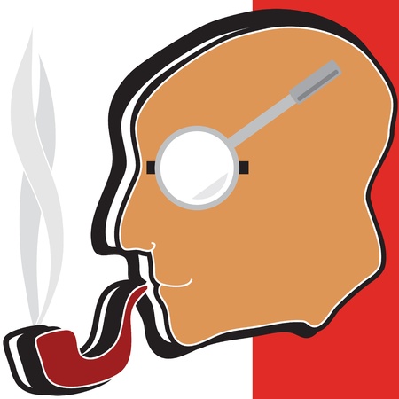 Illustration of a detective with a tobacco pipe and magnifying glass on a white background のイラスト素材