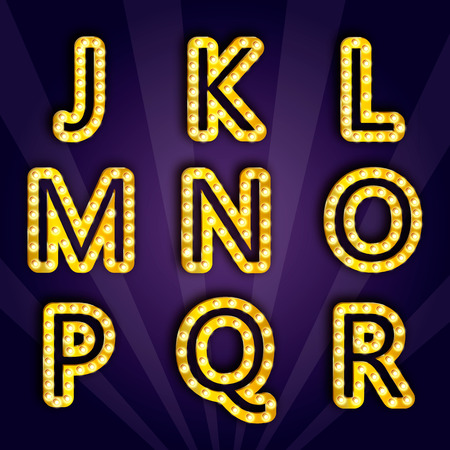 Golden alphabet with bulb isolated on a purple background. Easily editable. EPS 10.のイラスト素材