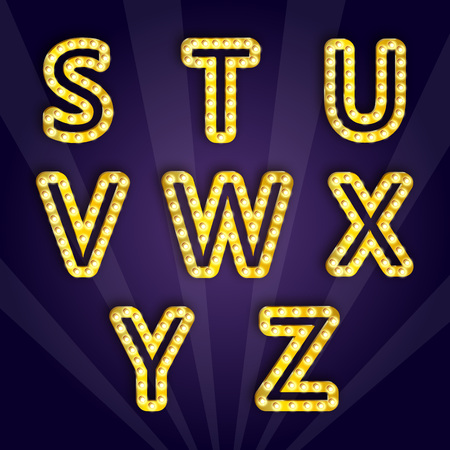 Golden alphabet with bulb isolated on a purple background. Easily editable. EPS 10.のイラスト素材