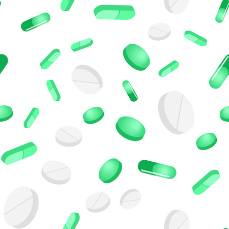 Vector seamless pattern green tablets and pills on a white background. Can be used as wallpaper, web backgrounds or advertisingのイラスト素材