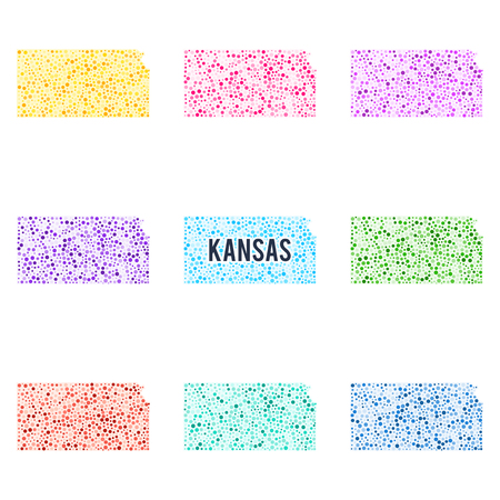 Vector colorful dotted map of the state of Kansas. Set of different color solutions.のイラスト素材