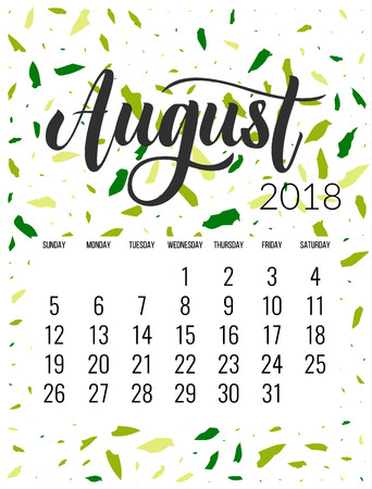 Calendar for August 2018 with lettering. The week starts on Sunday.のイラスト素材