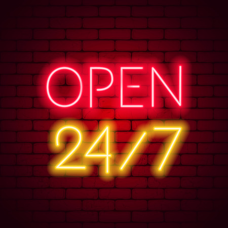 Neon sign 24 7 on brick wall background.のイラスト素材