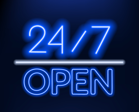 Neon sign 24 7 on brick wall background. Vector illustration of EPS 10