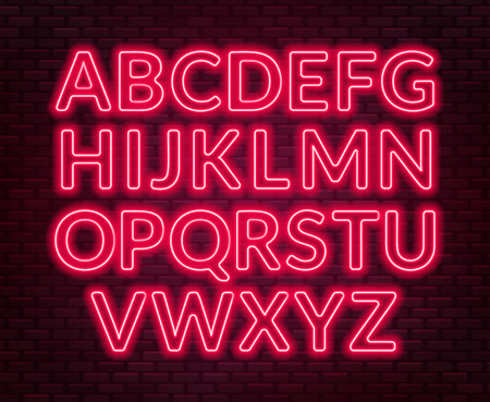 Neon red alphabet on brick wall background. Capital letter. Vector illustration.のイラスト素材