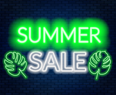 Summer sale neon lettering on brick wall background. Vector illustration.のイラスト素材