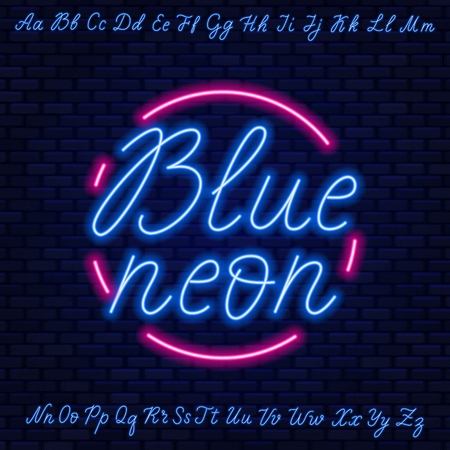 Blue neon script. Uppercase and lowercase letters .Vector illustrationのイラスト素材