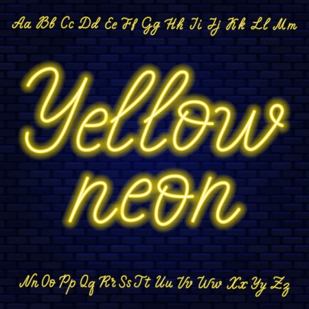 Yellow neon script. Uppercase and lowercase letters .Vector illustrationのイラスト素材