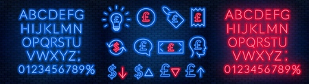 Vector neon financial signs on dark background. Signs of currency exchange, currency appreciation and depreciation, prices, business ideas, speech bubble and others.Neon alphabets with numbers. Eps 10.のイラスト素材