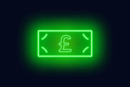 Neon pound sterling banknote sign.Cash. Vector illustration on dark backgroundのイラスト素材