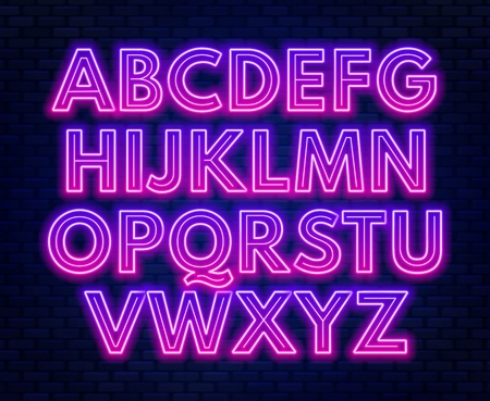 Pink purple gradient neon alphabet on a dark background . Capital letter.Vector illustration.のイラスト素材