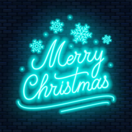 Neon lettering Merry Christmas on dark background. Greeting card .の写真素材