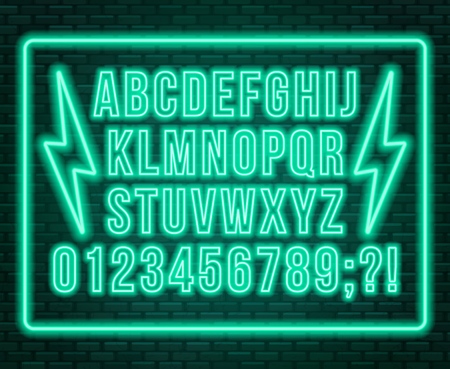 Neon blue font. Bright capital letters with numbers on a dark background. Vector illustration.のイラスト素材
